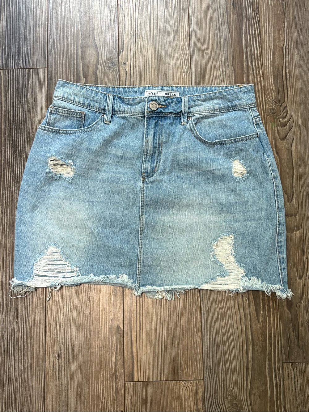 YMI Dream Distressed Denim Mini Skirt Light Wash Raw Fray Hem Size L